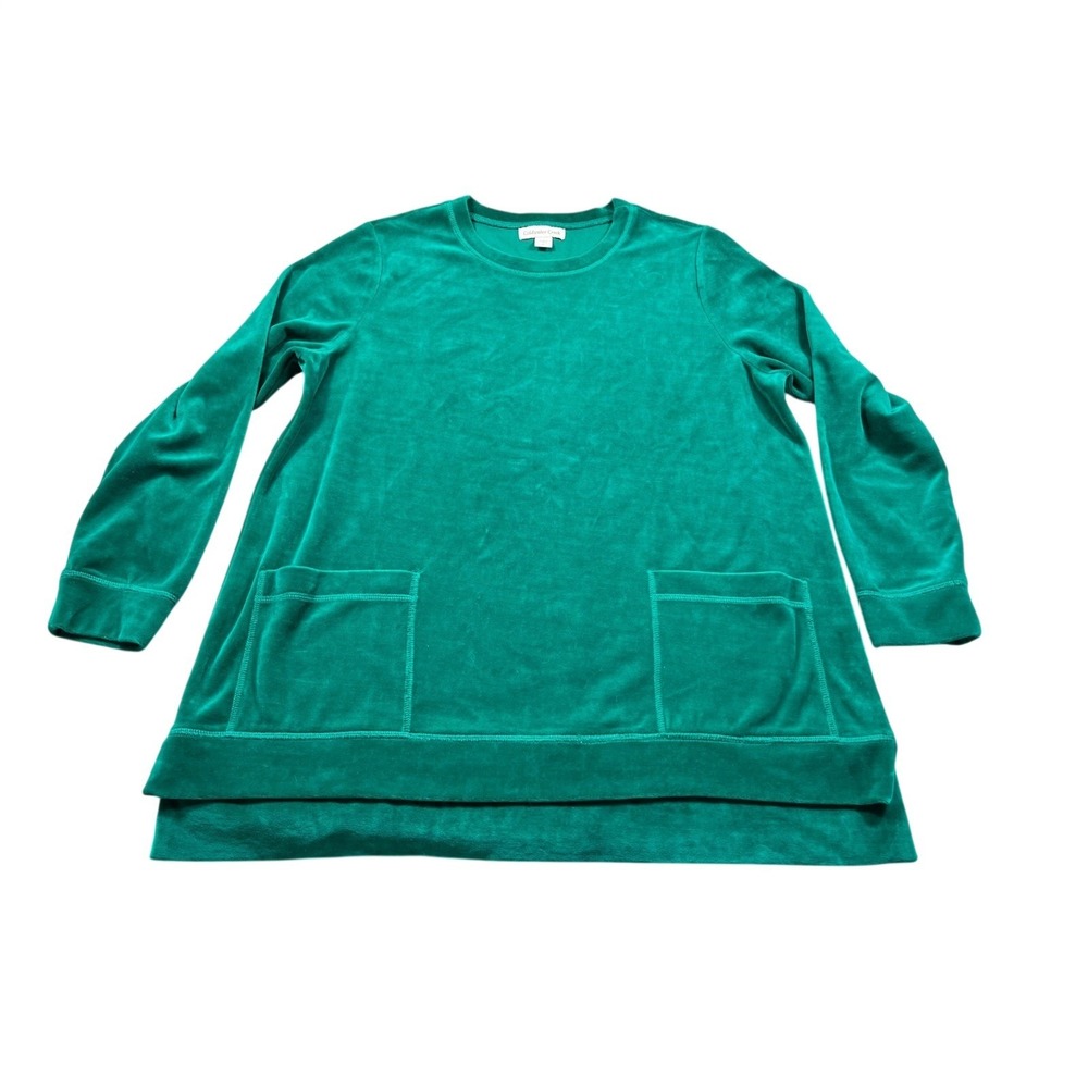 Coldwater Creek Velour Tunic Top L Emerald Green Long Sleeve Pocket Soft Stretch